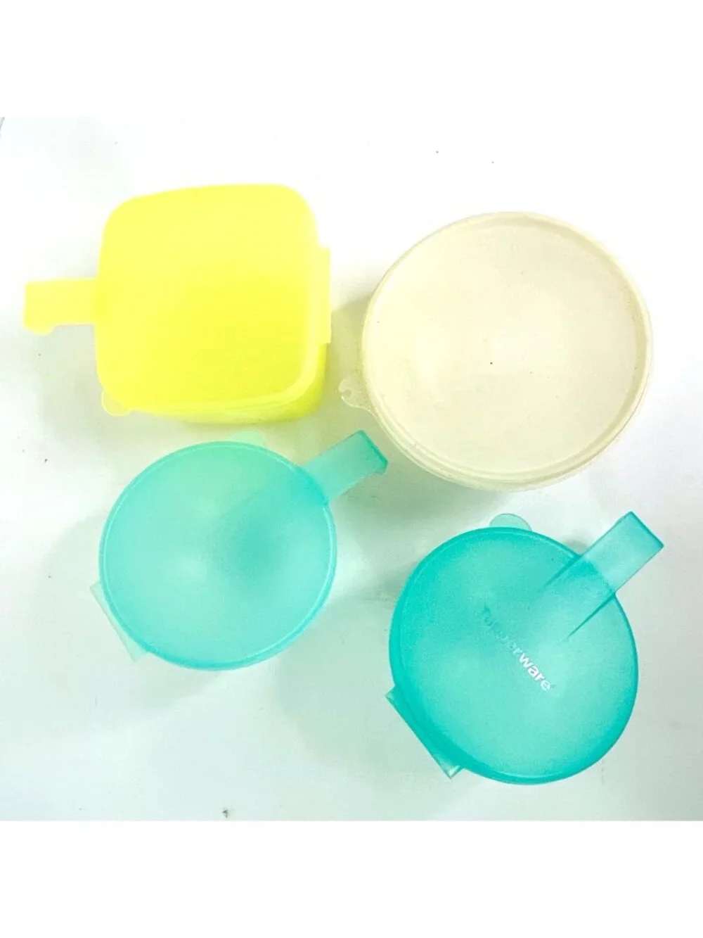 Vintage Tupperware Lot of 4 Yellow Cheese Keeper 2 Teal Fruit Keepers 1 Dip Bowl